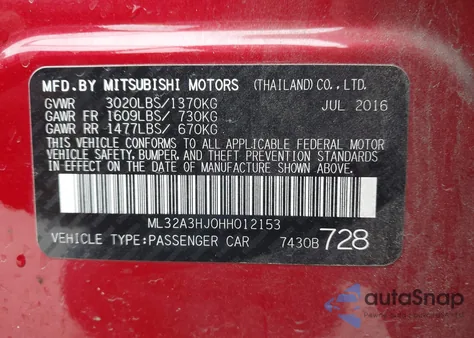 2017 Mitsubishi Mirage Es from USA, damaged, VIN ML32A3HJ0HH012153
